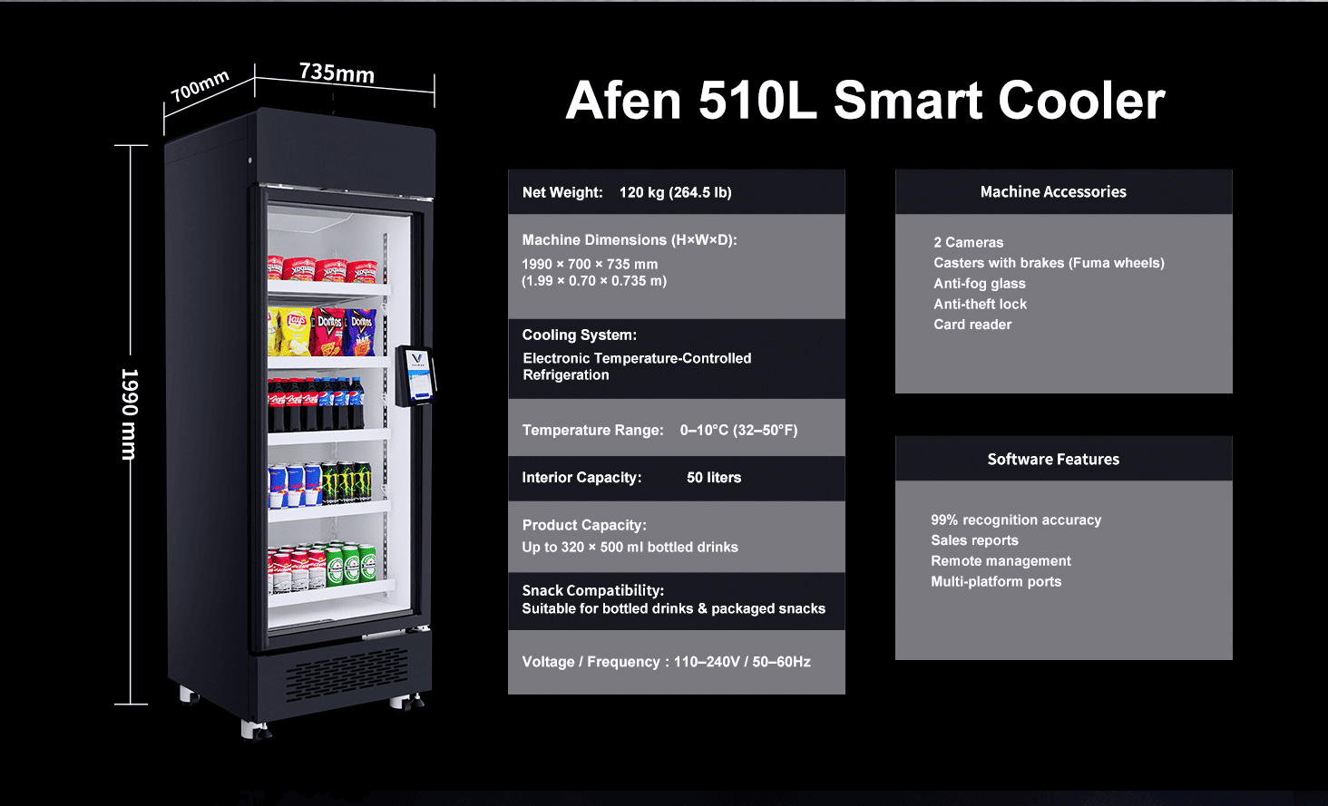 Rozmery a kapacita AFEN Smart Cooler AI Vending Machine 510L Vysoká hustota úložnej kapacity predajného automatu AFEN AI maximalizuje návratnosť investícií v maloobchode v kompaktnom prevedení